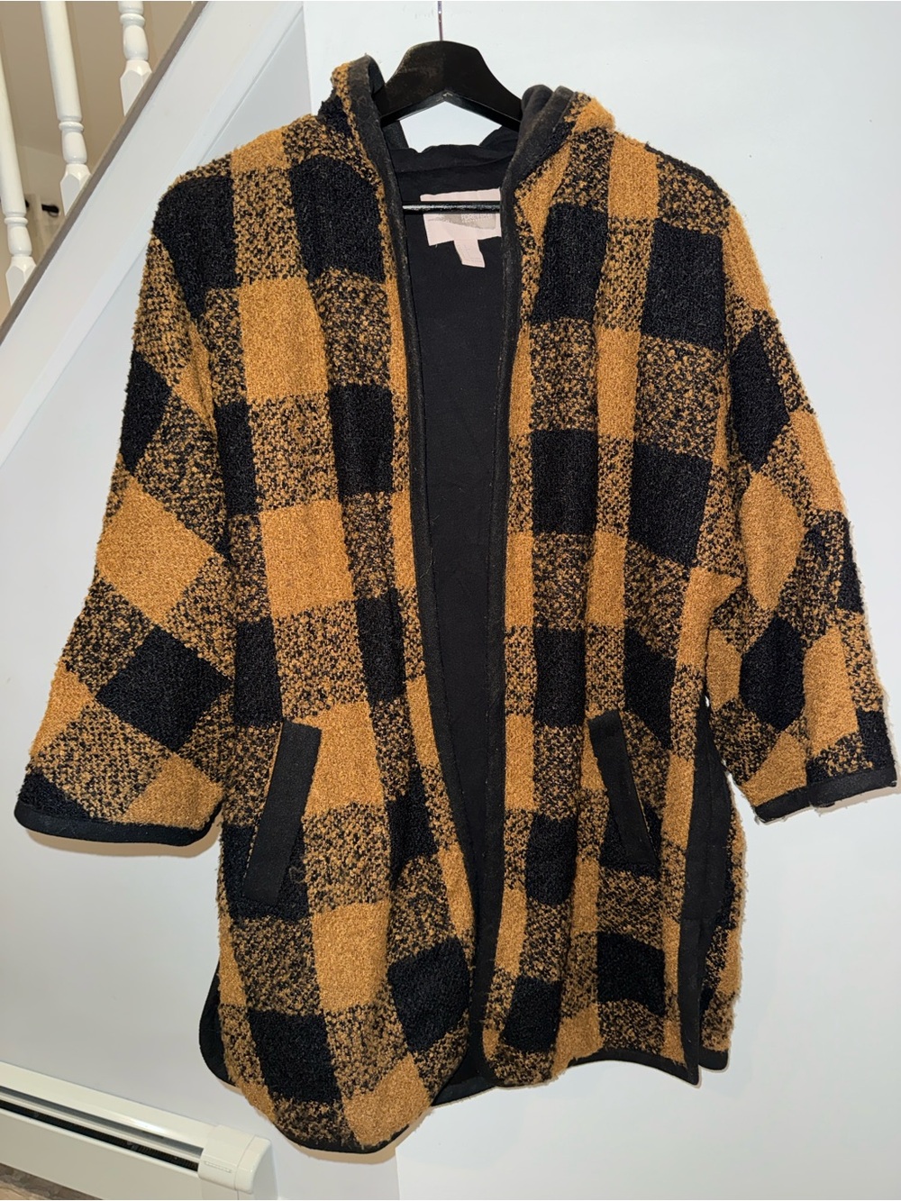 Forever 21 Hooded Buffalo Check Open Cape - Black & Mustard
